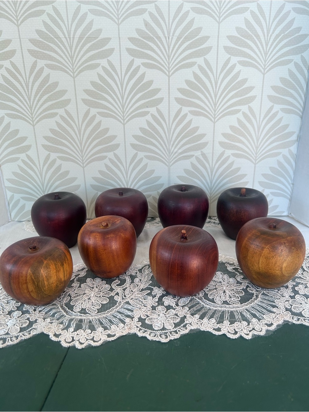 Set of 8 Vintage Hand Turned Wooden Apples | Mid Century Wood Fruit Decor